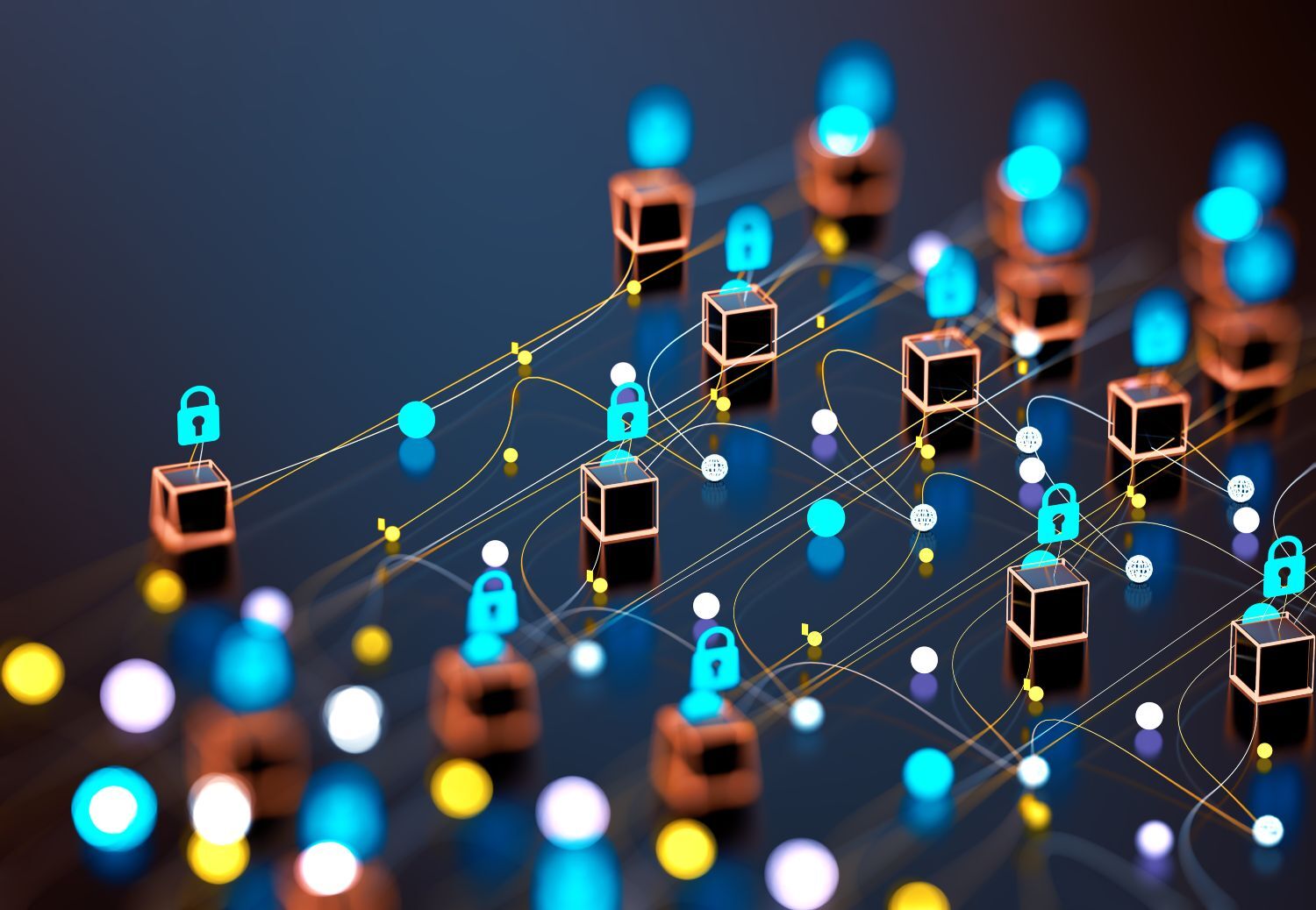 Boxes in an information network with locks symbolizing cybersecurity
